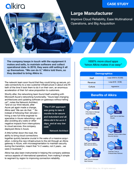 Large Manufacturer Improve Cloud Reliability, Ease Multinational Operations, and Big Acquisition